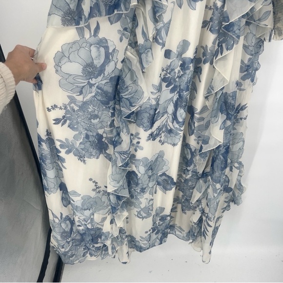 BHLDN Blue White Floral V Neck Long Sleeve Chiffon Formal Maxi Dress Gown Small - Picture 4 of 11